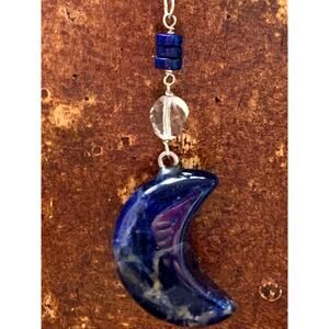 Sterling Silver, Lapis and Crystal Moon Necklace on Linked Chain by HDM